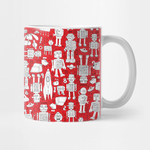 Robots in Space - red and white pattern by Cecca